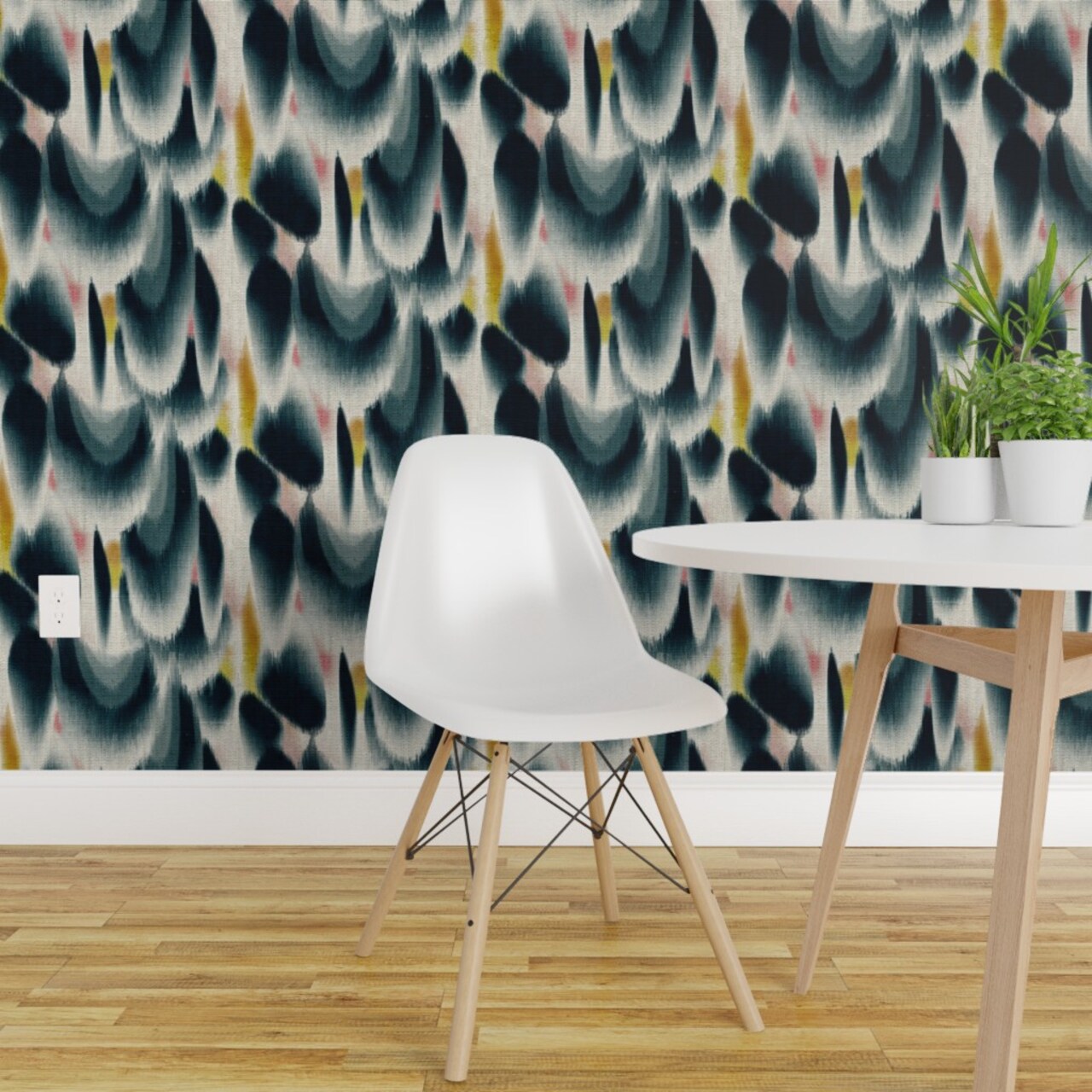 Pre-Pasted Wallpaper 2FT Wide Abstract Indigo Tie Dye Japanese Inspired Watercolor Ikat Navy And Mustard Ombre Custom Pre-pasted Wallpaper by Spoonflower